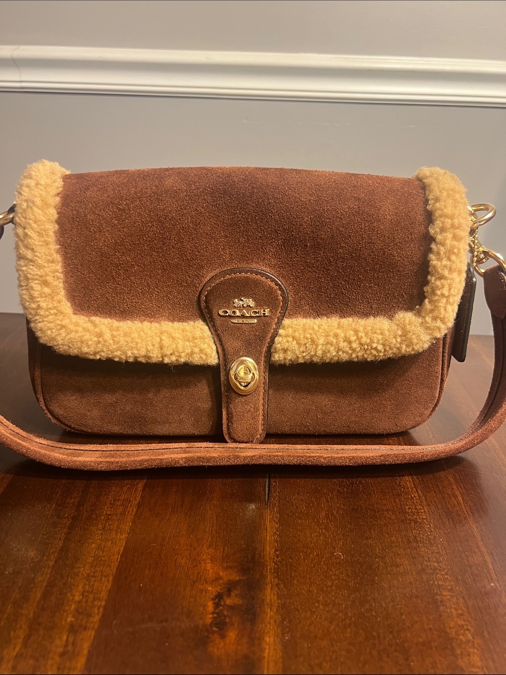 Coach Hadley Shoulder Bag in Suede and Shearling Brown & Tan